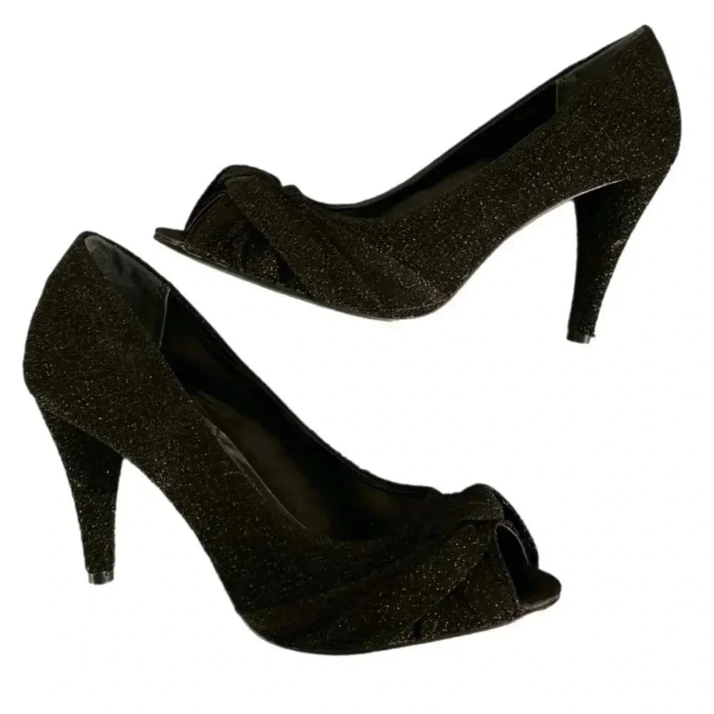Style & Co Kathryn Glitter Pumps Leather Outsole Black Heels Peep Toe Sz 7.5